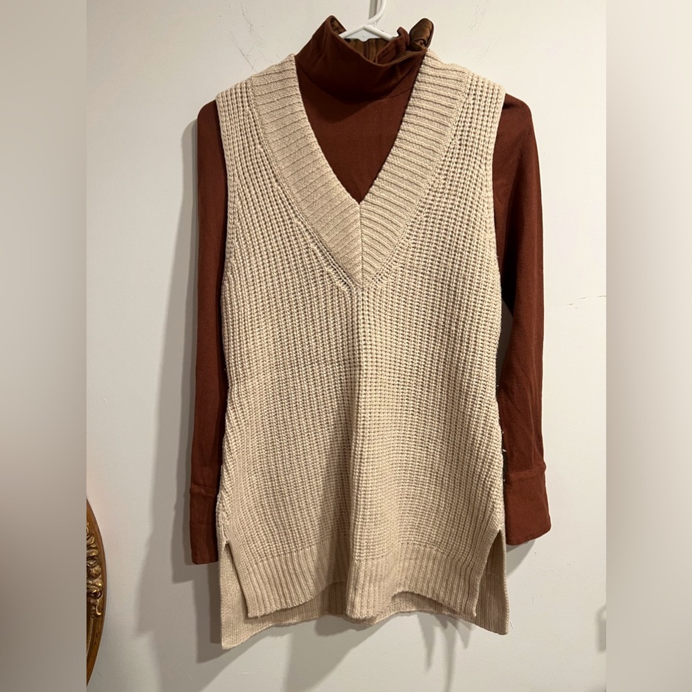 Tan Crocheted/Knitted Vest, long for leggings/dresses, XS-S Winter/Fall Layers